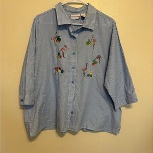 Breckenridge Blue and White Striped Shirt with Flamingo Details